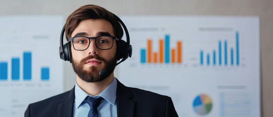 Business analyst engaged in analysis, wearing headset, surrounded by data charts and graphs, focused on strategic insights and decision-making.