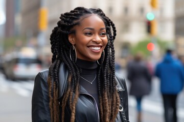 Businesswoman smiling on a city street