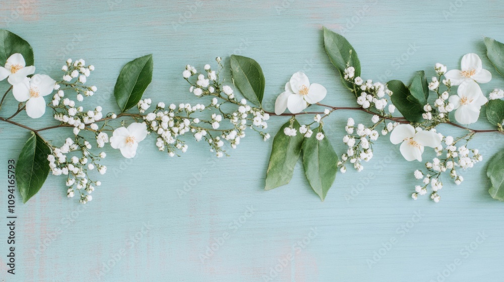 Canvas Prints A beautiful display of fresh green leaves and white flowers creates a calming atmosphere against a pastel backdrop