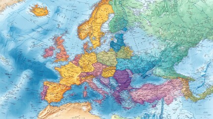 Detailed Topographical Map of Europe Showing Countries and Terrain