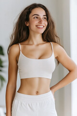 Fototapeta premium Canadian fitness woman smiling in sportswear, female athlete workout
