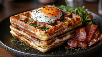 Delicious savory cheddar and chive waffles with poached eggs gourmet cafe breakfast delight cozy atmosphere culinary adventure