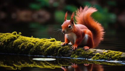 Obraz premium Squirrel by the Water: A Mossy Retreat