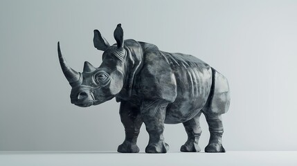 Fototapeta premium A cast iron rhinoceros statue with weathered texture on a white backdrop.