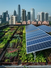 An urban rooftop garden featuring integrated solar panels, with a skyline of skyscrapers in the distance, more clarity with clear light and sharp focus, high detailed