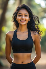 Fototapeta premium Indian fitness woman smile in sportswear, female athlete workout