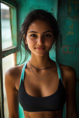 Fototapeta premium Indian fitness woman smile in sportswear, female athlete workout