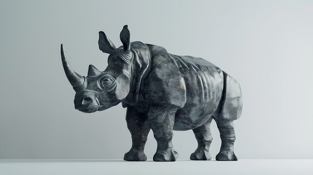 A cast iron rhinoceros statue with weathered texture on a white backdrop.