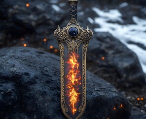A majestic sword for Tyrfing Fire Force with an obsidian blade glowing crimson runes gold hilt shaped like flames and a blue crystal pommel
