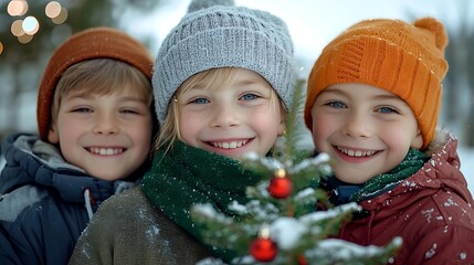 A group of cheerful children bundled up in warm winter clothing playing together in a snowy park enjoying the fun and carefree activities of the winter season