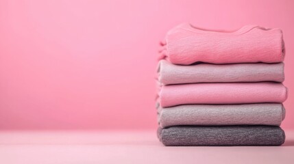 The soft pink shades of neatly folded clothes create a calming aesthetic, showcasing fabrics in harmonious tones