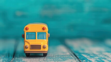 A vibrant toy school bus is displayed on a wooden surface, perfect for imaginative play and teaching kids about transportation