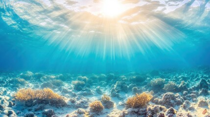 Warm rays of sunlight filter through the water, illuminating colorful coral and soft sand on the ocean floor in a serene aquatic habitat