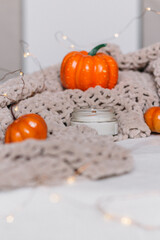 A candle in a glass jar lies on a knitted blanket among orange pumpkins. Autumn decor. Vertical photo