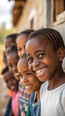 Fototapeta premium Joyful smiles of happy children in africa against rustic background