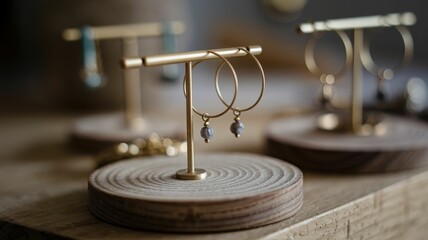 Obraz premium Elegant display of hoop earrings on wooden stands, showcasing intricate designs and craftsmanship in a stylish, minimalistic setting.