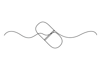 Continuous one line drawing of medicine set with pills pharmaceutical components and capsules vector illustration