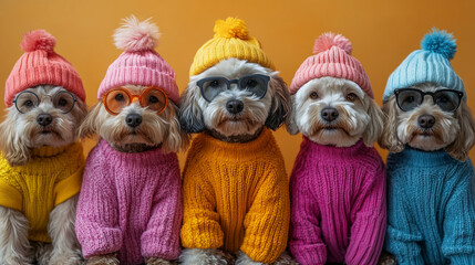 Dogs with stylish accessories sitting On a vibrant yellow background