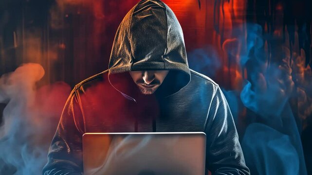 Cybersecurity: A hooded man in front of a laptop, featuring mysterious symbols. The scene has a dappled, matte background, invoking a manapunk, neo-academism vibe with enigmatic figures.