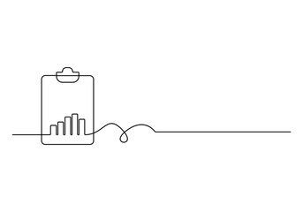 Clipboard with a continuous one line drawing style, featuring a growth graph icon symbolizing business success and financial growth. Vector illustration