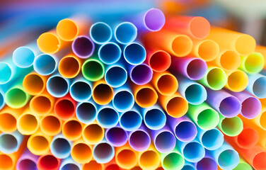 Colorful plastic drinking straws background. Close-up. Selective focus.