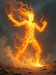 Fototapeta premium Fiery Elemental Being Made of Flames in a Dramatic Landscape