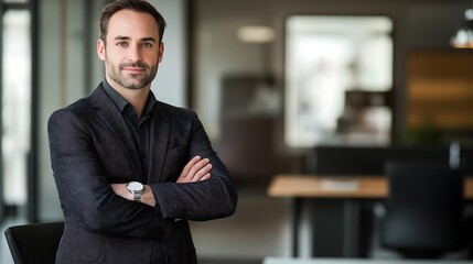 Fototapeta premium Businessman standing in office with copy space.