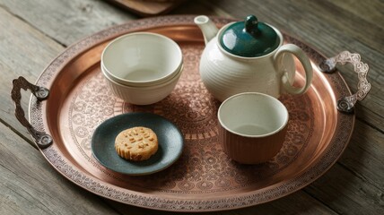 Fototapeta premium A cozy tea set displayed on a decorative tray, featuring a teapot, cups, and a cookie on a small plate, set against a rustic wooden background.