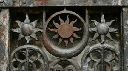 Ornate metalwork featuring sun motifs, possibly from a gate or decorative panel.