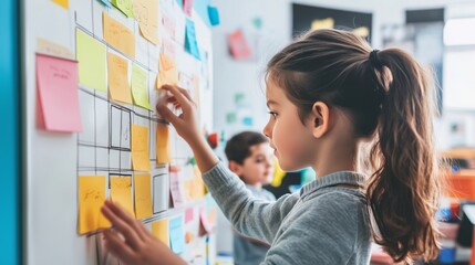 A girl is writing on a whiteboard with colorful sticky notes. She is surrounded by other children, and they are all working on a project together. Scene is collaborative and creative