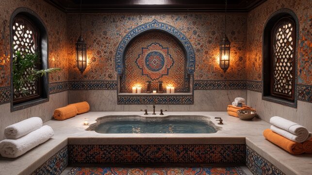 Elegant Moroccan spa with intricate tiles, candles, and plush towels creating a serene relaxation space