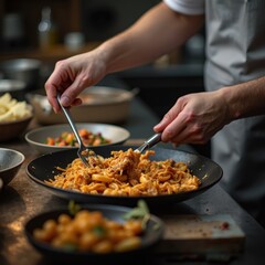 Chef Preparing Delicious Pasta Dish in Modern Kitchen