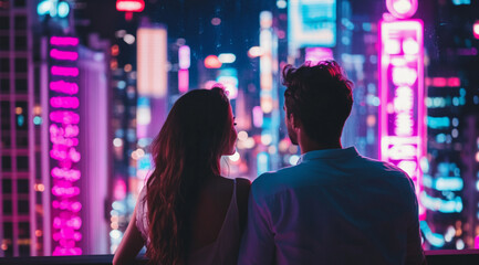 Naklejka premium Romantic Young Couple Viewed from Behind Overlooking Neon Illuminated Modern City Skyline at Night with Vibrant Bokeh Lights and Urban Atmosphere