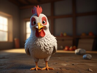 3d cartoon of white chicken in the cage. fluffy and funny.