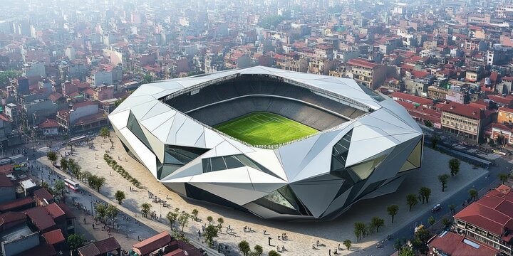 Aerial view of a modern stadium with a unique architectural design and green field.