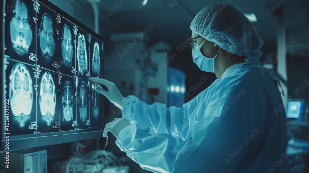 Poster A doctor is looking at a computer monitor displaying a brain scan