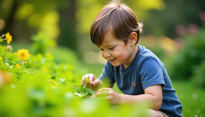 Child exploring nature garden photography sunny day close-up curiosity and learning