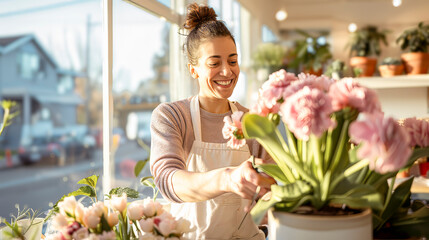 Fototapeta premium The Joy of Flowers: A woman in a floral shop, surrounded by vibrant pink blossoms, finds happiness in her work. The warm, sun-drenched setting creates a sense of peaceful tranquility.