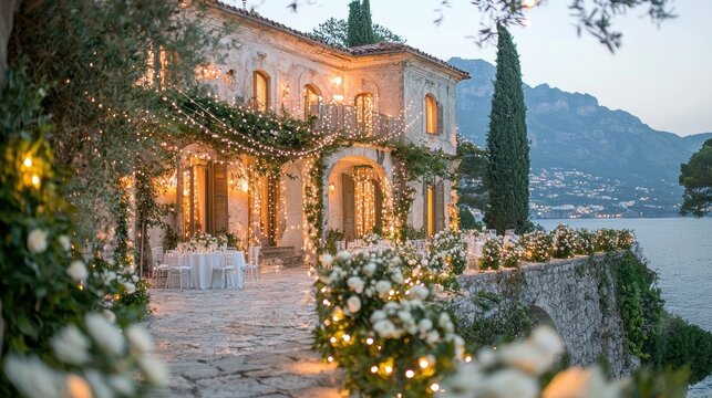 Beautiful seaside villa adorned with fairy lights, lush flowers, and romantic atmosphere, perfect for weddings or special events in a picturesque location.