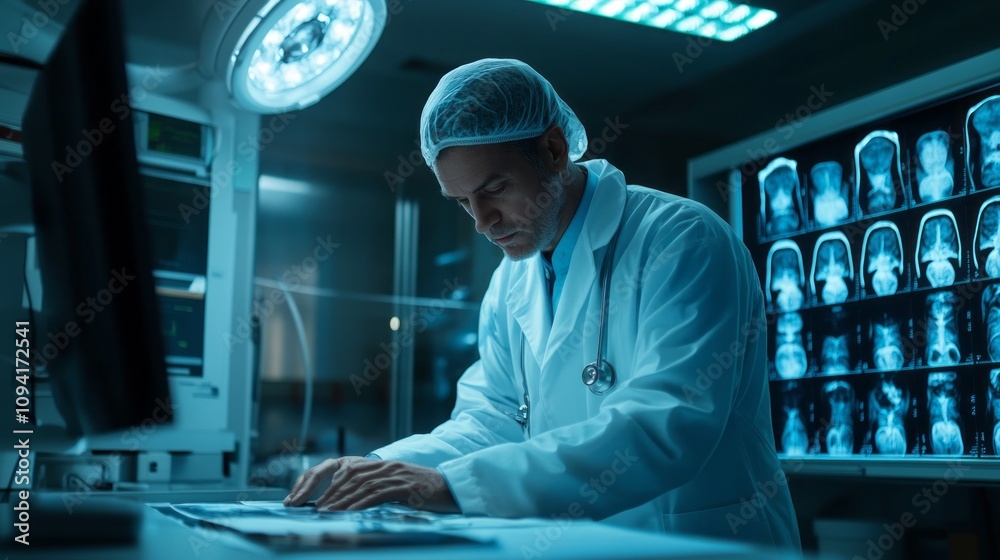 Poster a doctor is working on a computer in a hospital room with a large number of x-ra