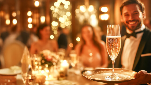 Toast to Celebration: A smiling man in a tuxedo holds a glass of champagne on a tray, ready to serve guests at a lavish dinner party, with a warm and inviting ambiance. 