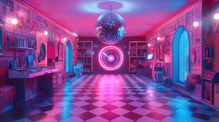 A record shop with a disco ball and a psychedelic, kaleidoscopic trip inside. The scene is a tribute to Pop Art culture with interactive elements. Psychedelia style. 3D render. high resolution.