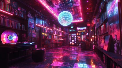 A record shop with a disco ball and a psychedelic, kaleidoscopic trip inside. The scene is a tribute to Pop Art culture with interactive elements. Psychedelia style. 3D render. high resolution.