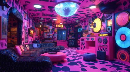 Obraz premium A record shop with a disco ball and a psychedelic, kaleidoscopic trip inside. The scene is a tribute to Pop Art culture with interactive elements. Psychedelia style. 3D render. high resolution.