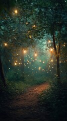Obraz premium Enchanting forest pathway with glowing lights at twilight