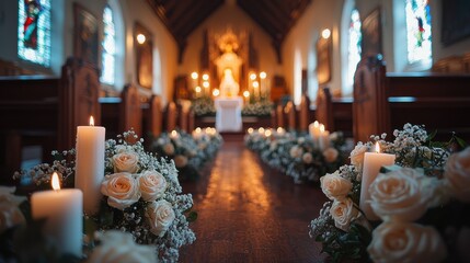 Serene Wedding Ceremony Setting with White Roses and Candles Illuminating the Aisle in a Beautiful Church Interior