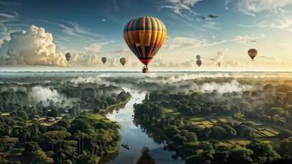 Obraz premium Panoramic view of the hot air balloon over region country, from a drone. The endless expanses of the national park and river.