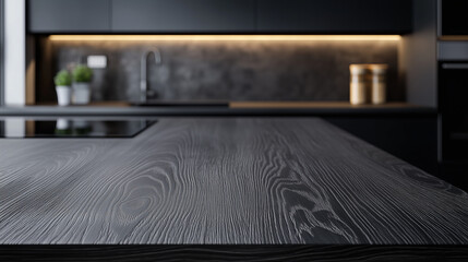 Dark black stained wood plank, visible wood grain and knots, soft shadows and subtle highlights