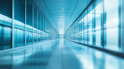 Long corridor of a modern airport terminal illuminated by soft lighting