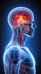 Male medical figure with the front of the brain highlighted, showcasing brain anatomy and cognitive areas.